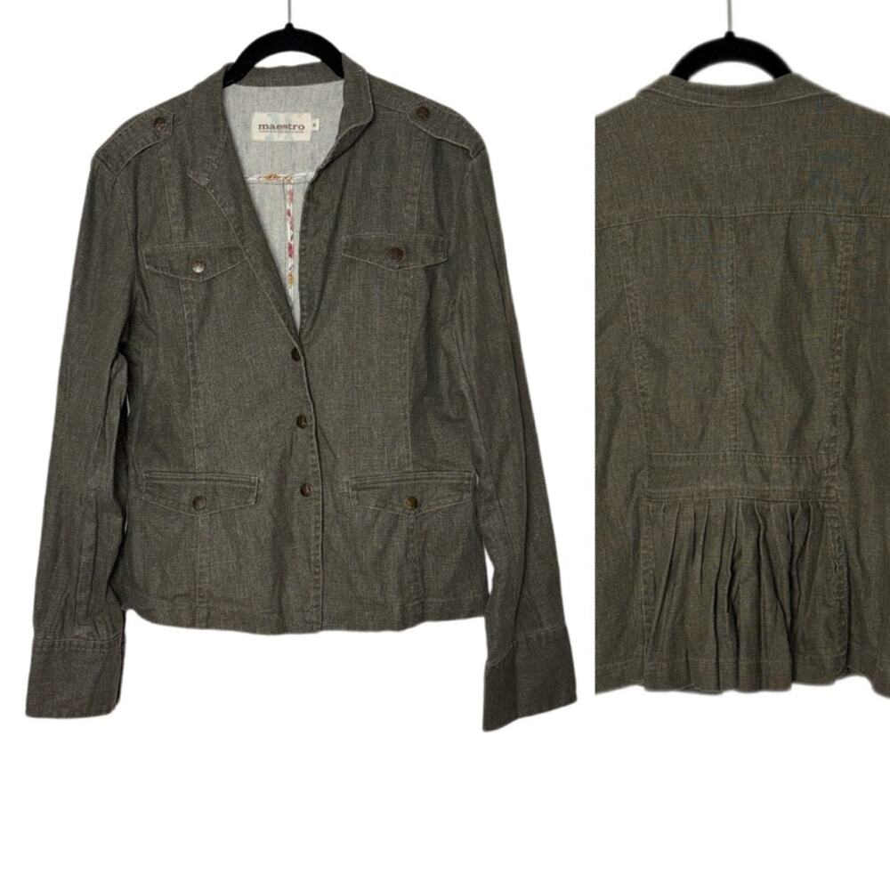 Maestro Green Linen Cotton Jacket Women's Size Medium Ruffled Y2K Boho